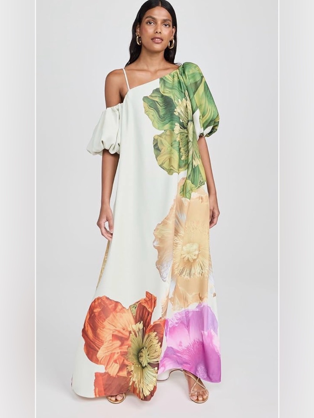 Women’s White One-Shoulder Maxi Dress with Multi-Color Floral Print